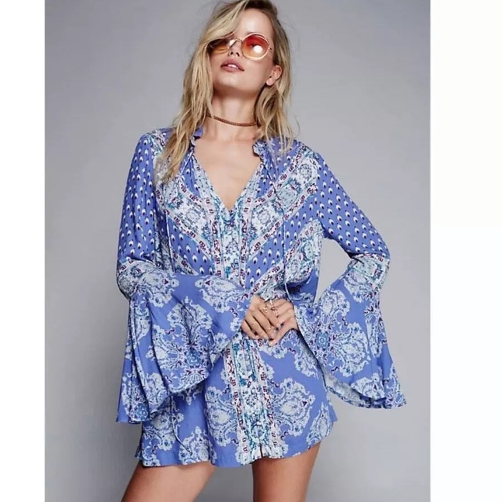 Blue Paisley V-Neck Bell Sleeve Dress